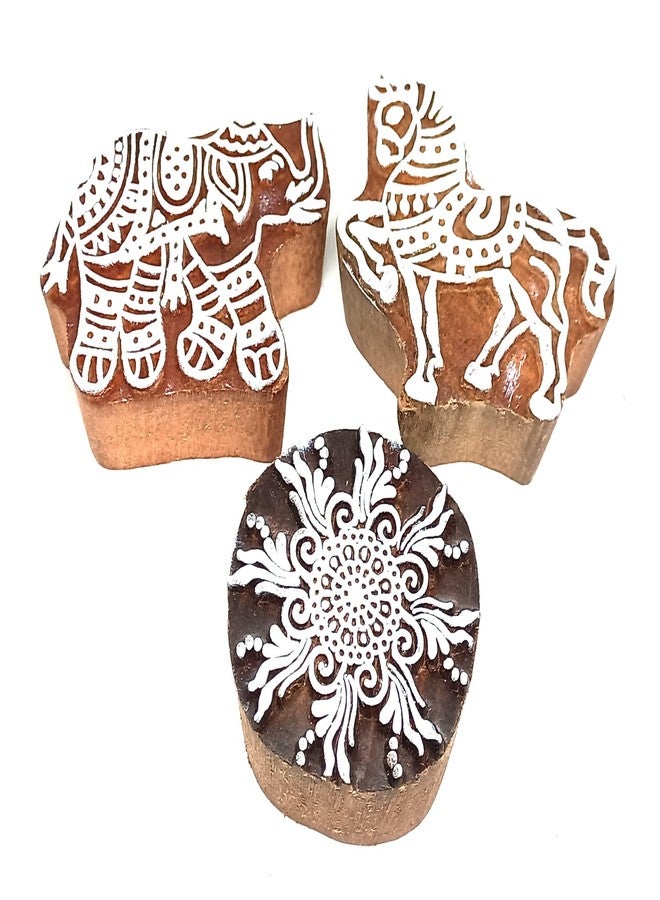 MasterLock Wooden Stamps Elephant, Horse, Paan, Butterfly, Border Printing Blocks - Image 2